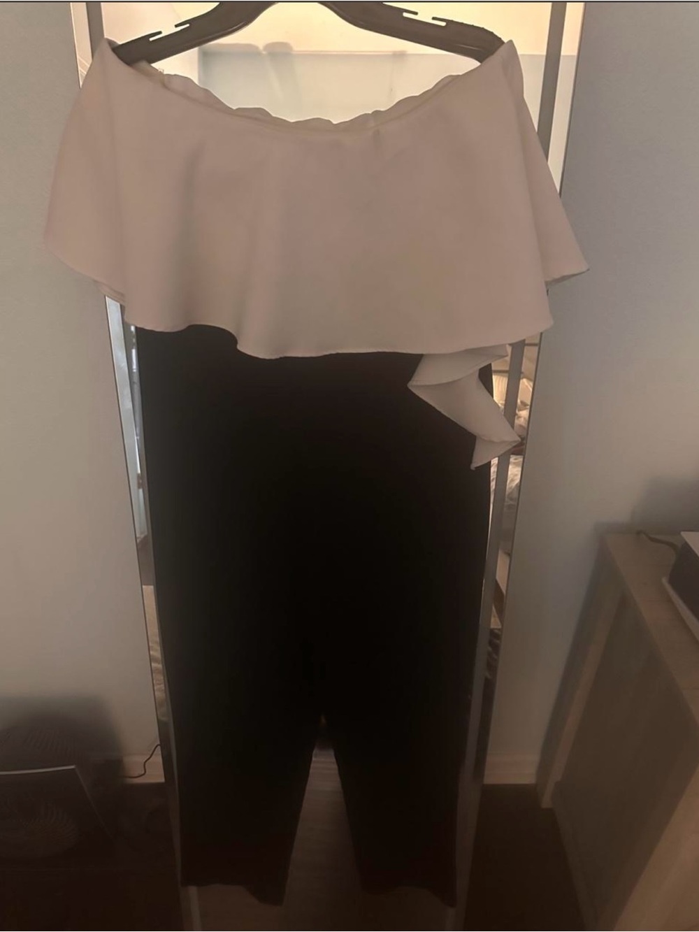 DO+BE Off-Shoulder Two-Tone Wide Leg Jumpsuit in White and Black